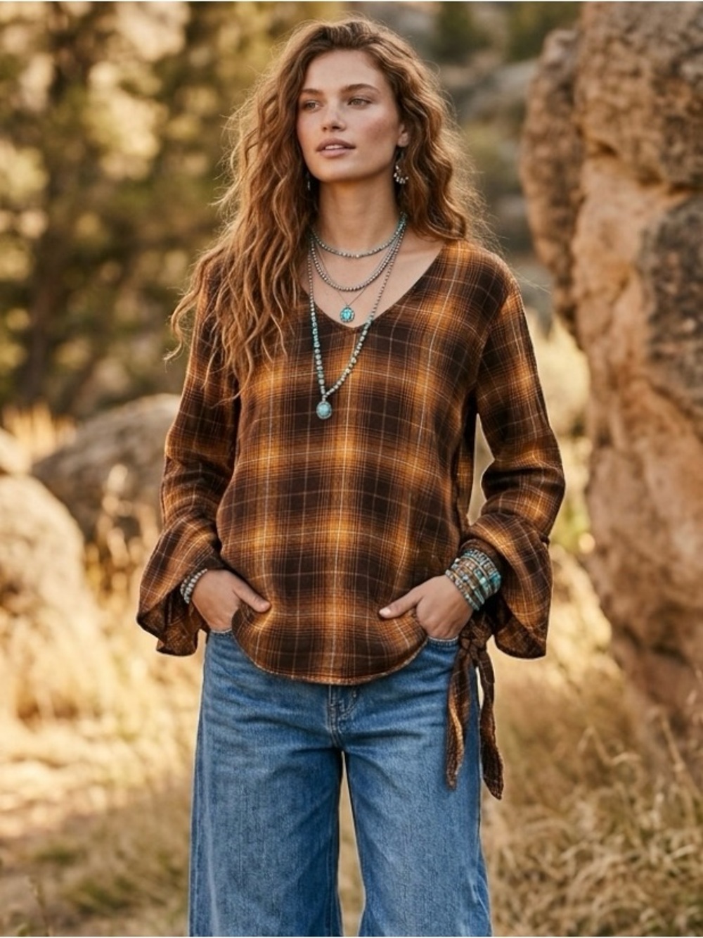 Time and Tru Grunge Bohemian Brown Plaid V-Neck Tunic Top Side Tie XL Cotton